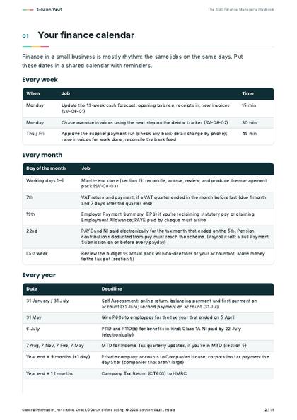 An inside page from Finance Manager in a Box